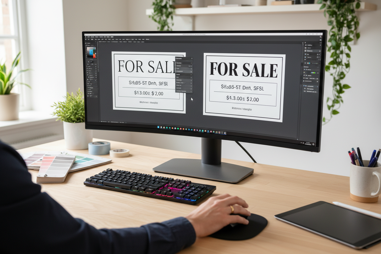 create a picture where a sign template is being modified so that the font is changed and bigger. think of a graphic designer making a slight modification to a sign