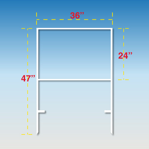 A white double stake frame with metal stakes, measuring 24 inches by 36 inches